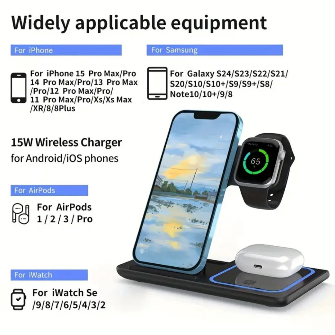 3-in-1 Wireless Charger: Fast Charge for iPhone/Apple Watch/AirPods – Foldable,Black
