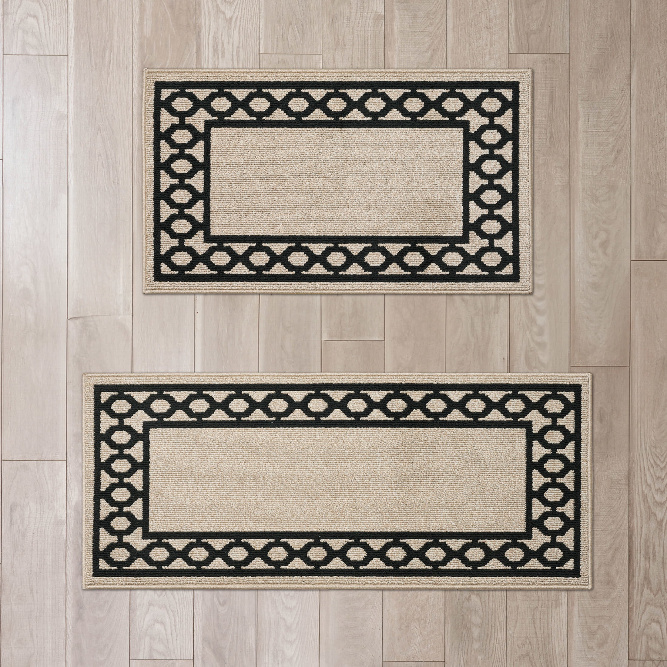 Washable Skid-Resistant Runner Rug, Trellis Border , Natural Twist and Black , 26" x 45"/26" x 60"