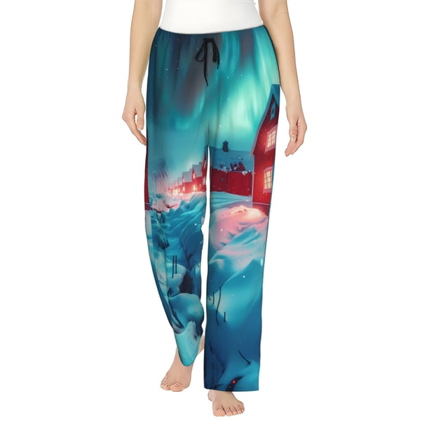 Fotbe Aurora Borealis Village Pantalones de Pijama para Mujer, Pantalones de Dormir, Pantalones Pj con Cordón y Bolsillos-X-Large