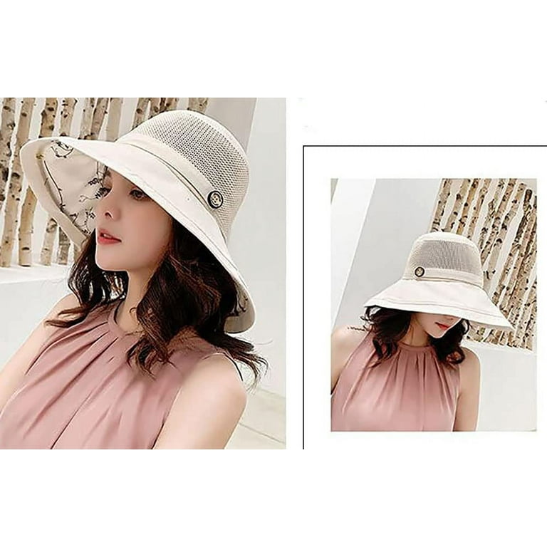PIKADINGNIS Women's Traveling Sun Hats, Summer Mesh Lightweight Floral Bucket  Cap with Chin Strap, UV Protection Wide Brim Beach Hats 
