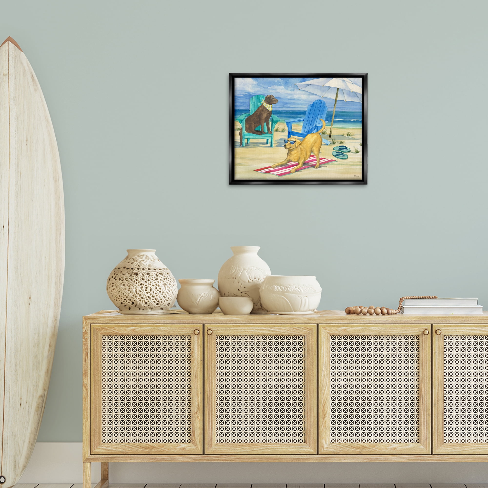 Stupell Industries Dogs on Beach Towel Animals & Insects Painting Black Floater Framed Canvas Art Print Wall Art, 21 x 17