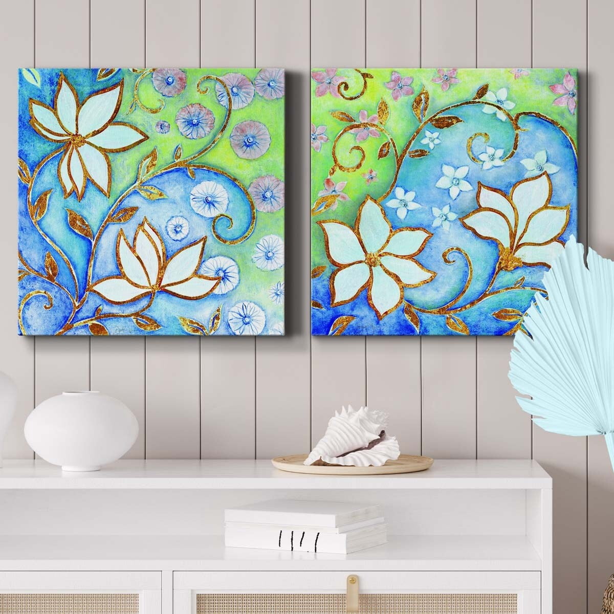 French Garden Flowers I - Premium Gallery Wrapped Canvas - Ready to Hang Set of 2 - 32 x 32 Each