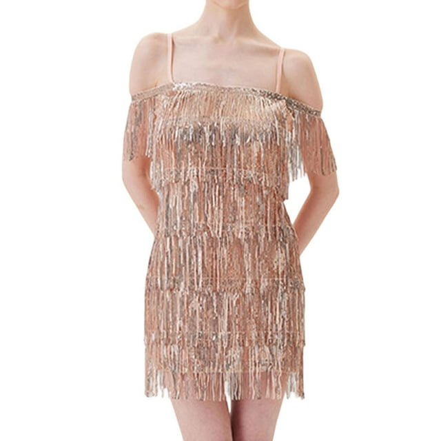 QHFBli Robes de Cocktail Robes Charleston Années 1920 Gatsby avec Franges à Paillettes Intégrales Robes Mini Robe de Bal Fête Beige TG