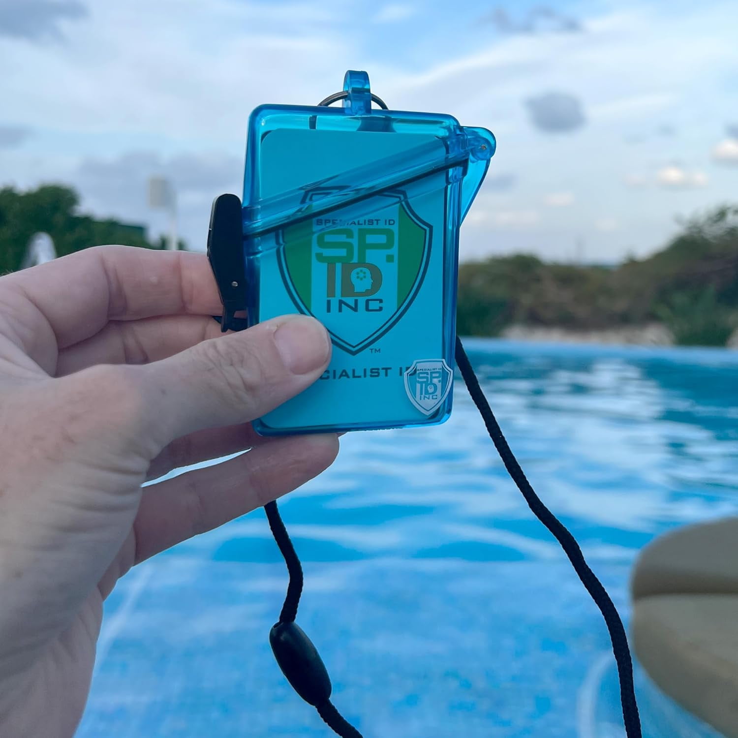 2 Pack - Waterproof ID Badge Holder with Lanyard & Clip - Money Holder for Swimming, Beach or Cruise - Clear Hard Plastic Water Proof Case for Key, Credit Cards & Travel by Specialist ID (Blue)