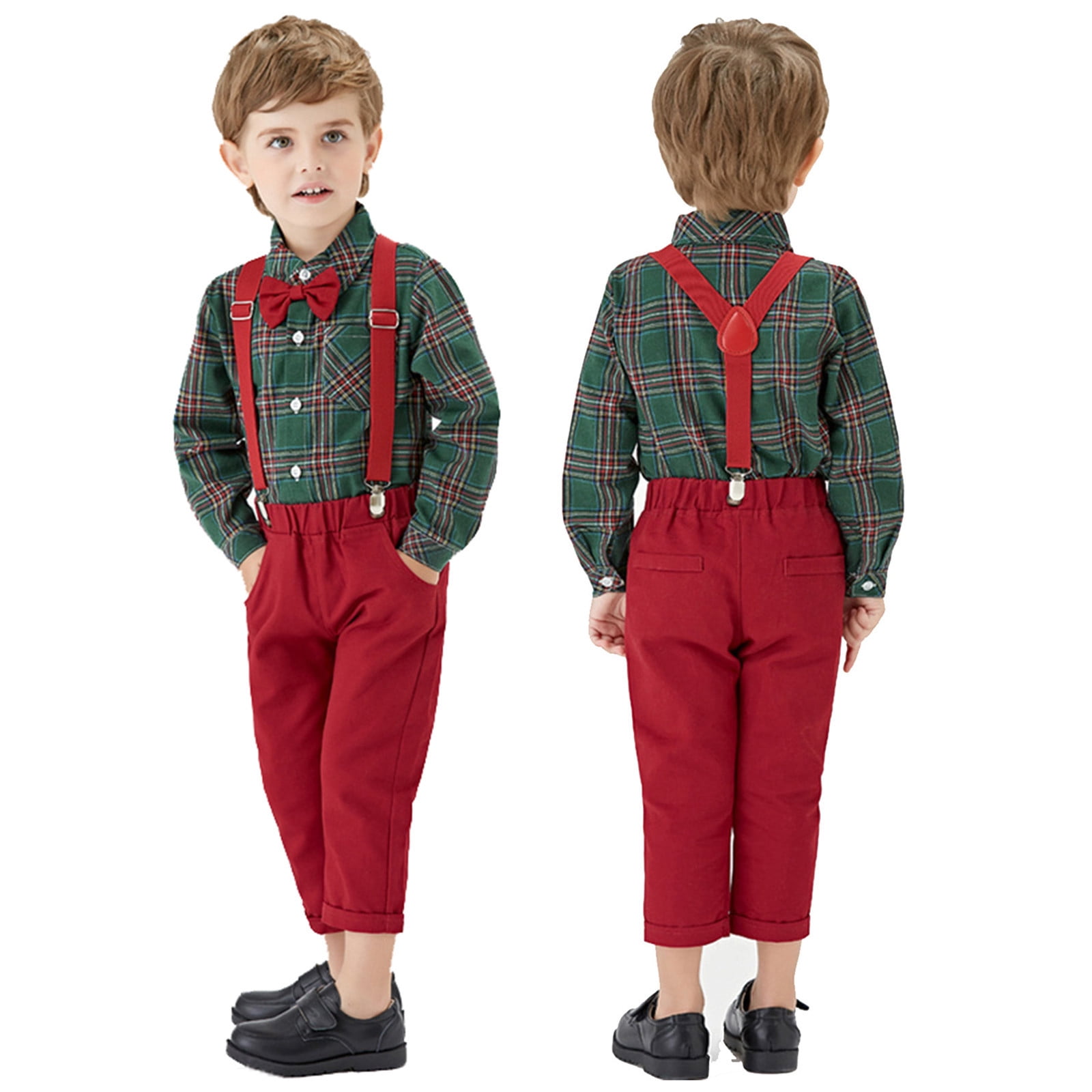 Suit for Boys Bowtie Dress Shirt + Suspender Pants + Bowtie 3 Pieces Formal Gentleman Suits Boy Baptism Outfit for Boys 7-8 Years