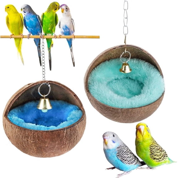 2 Pcs Natural Coconut Shell Bird Nest House Bed Breeding Nesting Anti-Pecking Bite with Warm Pad and Bell for Bird Parrot