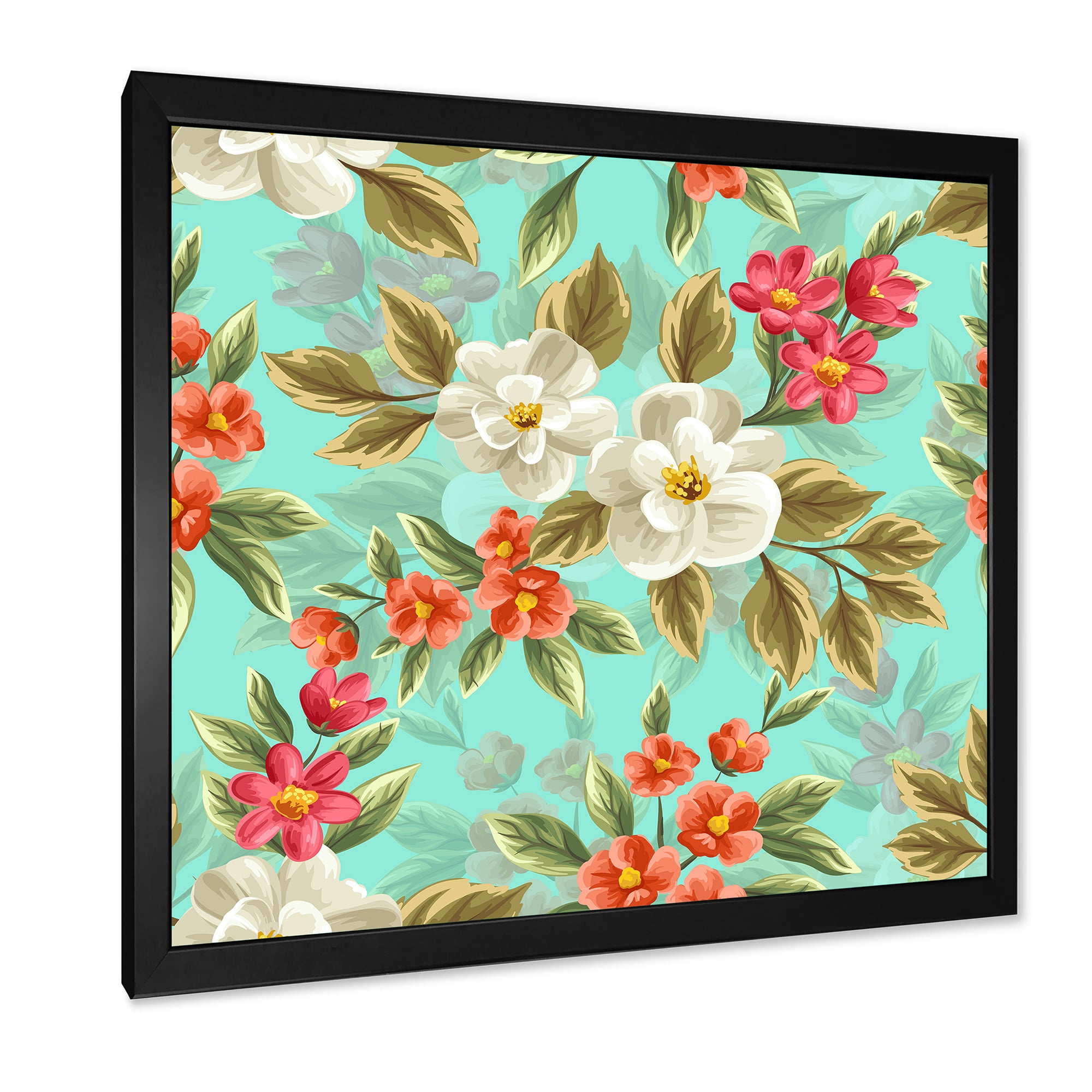 Designart 'Red and White Floral Seamless Pattern' Traditional Framed Art Print
