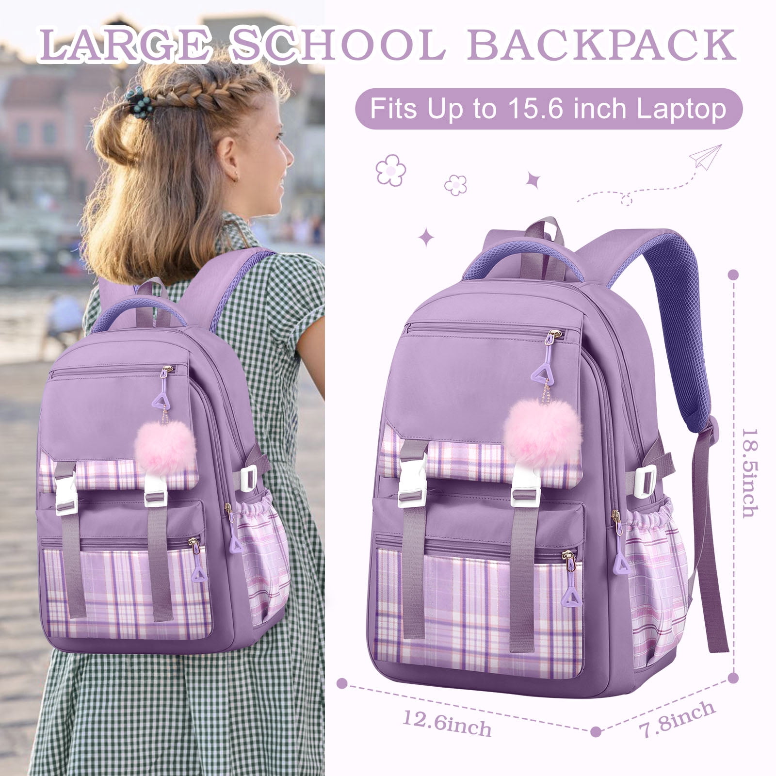 DAKIMOE Purple School Backpack for School, Travel, Work, Large Capacity Waterproof Bookbag with 7 Compartments and Luggage Belt