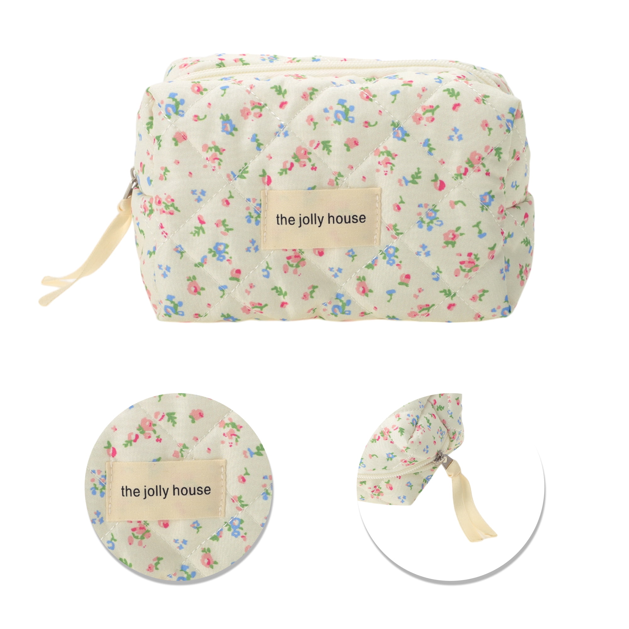 Unique Bargains Quilted Square Flowers Makeup Bag Red Green for Travel and Storage