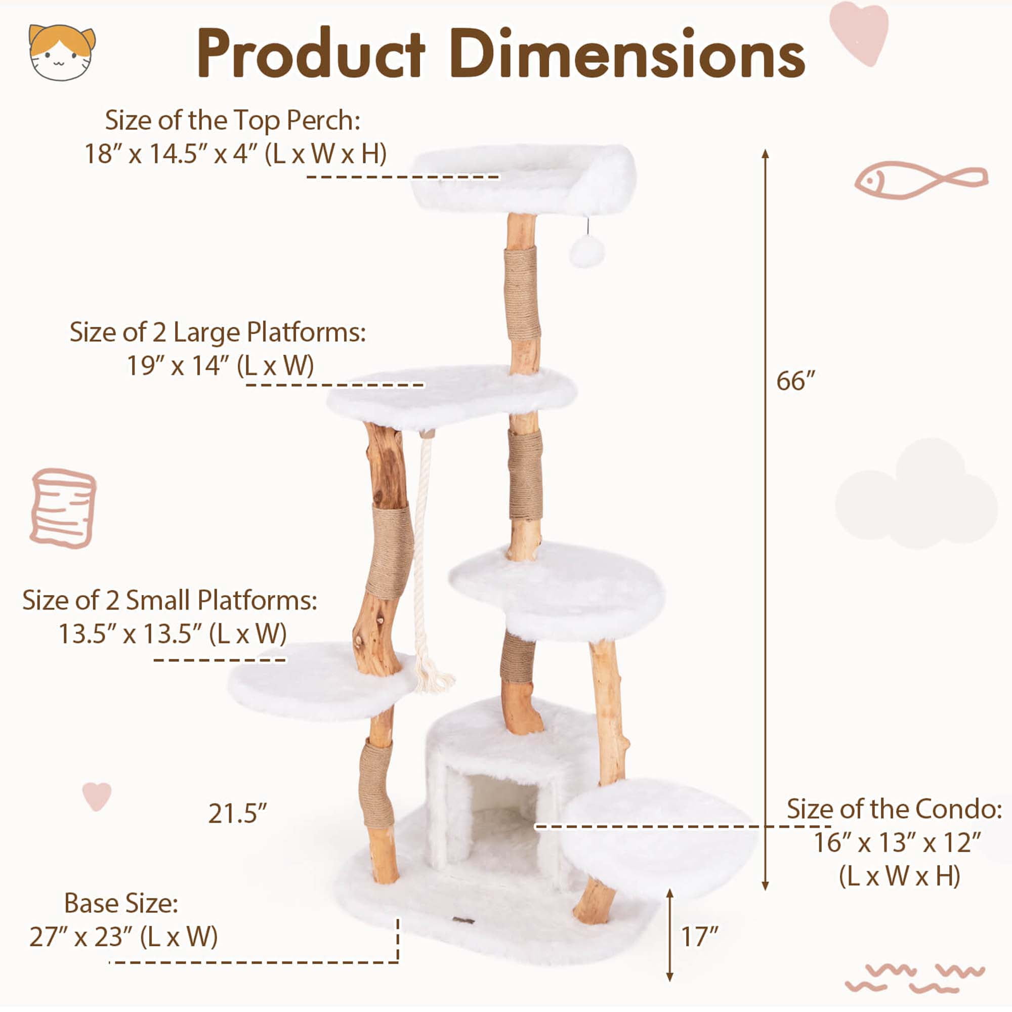 Costway 66" Tall Solid Wood Cat Tree with Perch Condo Jute Scratching Posts Sisal Rope