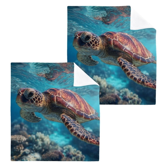 Sea Turtle 100% Cotton Face Towel 12x12in Soft Absorbent Washcloth Durable Printed Hand Towels for Bathroom Travel 2 Pcs