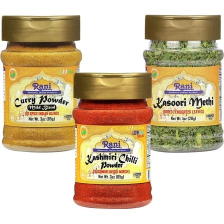 Rani Curry Powder Mild 3oz (85g), Kashmiri Chilli Powder 3oz (85g), Kasoori Methi 1oz (28g) PET Jar Combo Pack of 3 ~ All Natural | Vegan | Gluten Friendly | NON-GMO | Indian Origin