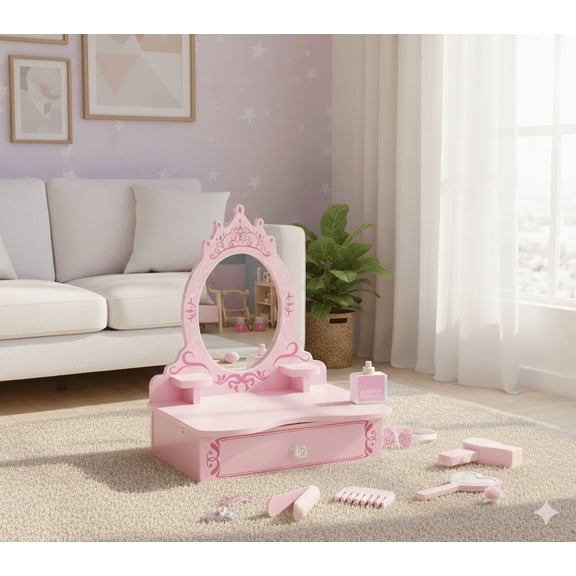 Brinjoy Tabletop Princess Vanity Set with Crown Mirror - Wooden Beauty Salon Play Set with Drawer & Accessories for Little Girls Ages 3-8