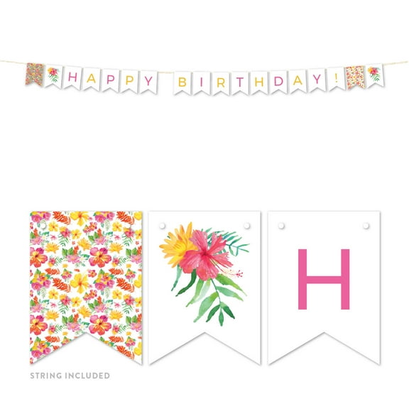 Tropical Floral Garden Party Birthday, Hanging Pennant Party Banner with String, Happy Birthday!, 5-Feet, 1 Set