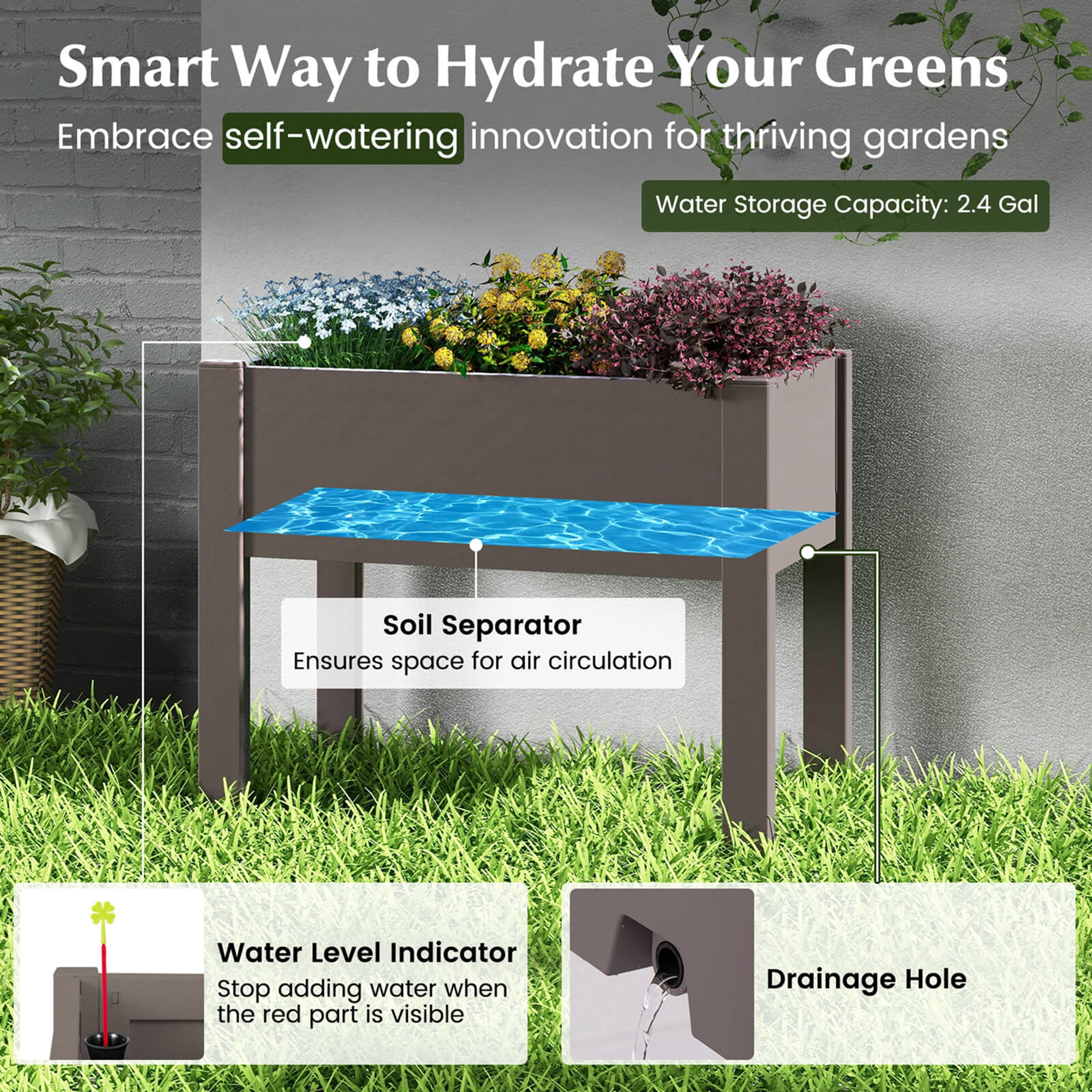 Costway Raised Garden Bed with Water Level Indicator Drainage Hole for Vegetables Outdoor Coffee