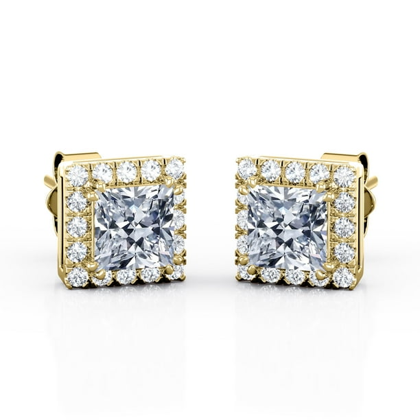 JeenMata Aros con Halo de Moissanita de Corte Princesa de 1,1 Quilates y Doble Punta Bañados en Oro Amarillo de 18 K sobre Plata
