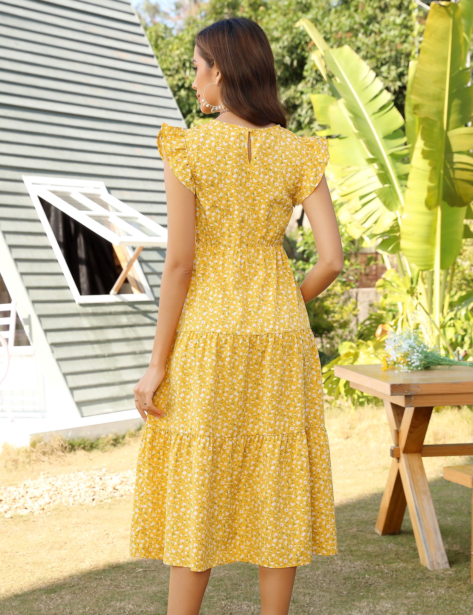 Oyang Women's Maternity Short Sleeve Dress Smocked Crew Neck Casual Tiered Midi Dress Baby Shower Photoshoot Yellow L