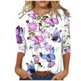 thumbnail image 6 of Susanny Fitted T Shirts for Women Round Neck Elbow 3/4 Length Sleeve Crew Neck Womens Plus Size Summer Tops Clearance Floral Slim Fit Western Shirts Womens Tops and Blouses, T-Shirts Purple S, 6 of 7