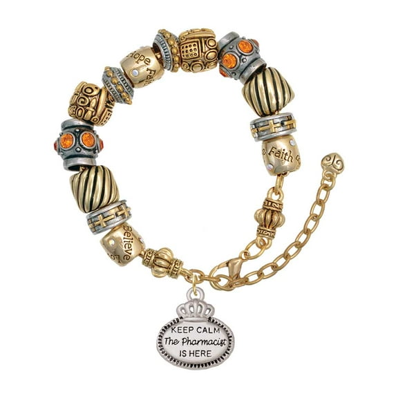 Silvertone Keep Calm The Pharmacist is Here Two Tone Christian Bead Bracelet