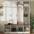thumbnail image 2 of Farmhouse Hall Tree with 4 Hidden Hanging Hooks, Versatile Walnut Seating Bench with 8 Doors, Entryway Shoe Cabinet with Open Compartment for Living Room, 2 of 9
