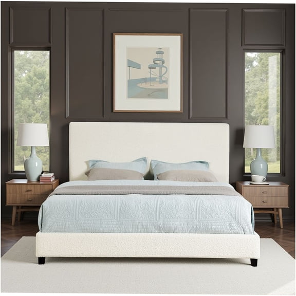 JERFIT Modern White Boucle Upholstered King Bed Frame with Platform Base and Padded Headboard
