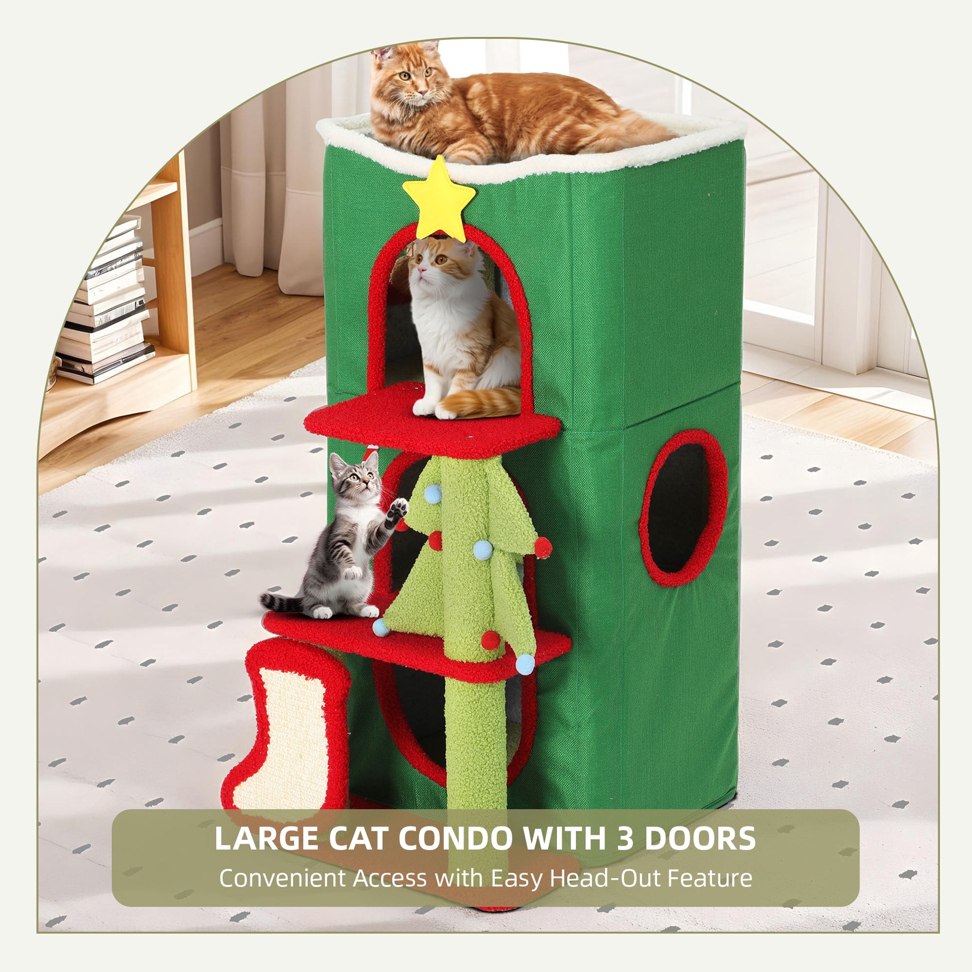 Uforic 3-Level Christmas Cat House, Indoor Cat Play House with Scratching Posts & Hideaway Cave& Hanging Plush Balls, Green