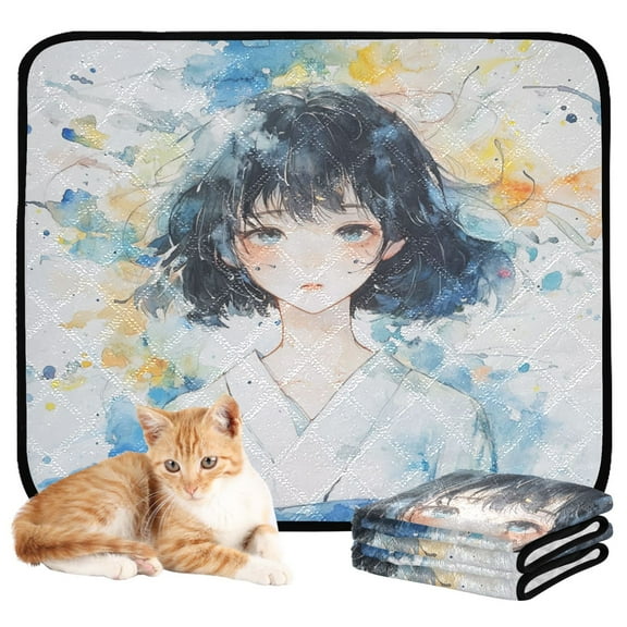 Qxltty Pretty Watercolor Lass Cat litter Pads Pet Set of 3 Diaper Mats Center Anti-leakage Layer Absorbent Soft and Comfortable