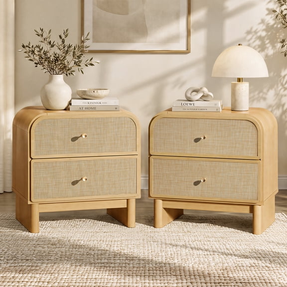 Hvoonc Modern Nightstands Set of 2 for Bedroom, Large Rounded Rattan Bedside Tables with 2 Drawers Storage, Natrual Oak