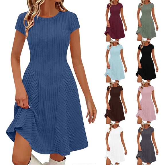 BRGZLK Women's Solid Color Short Sleeved Summer Ribbed Mini Sweater Dress 2026 Casual Crewneck Cap Sleeve Knit A Line Short Dresses
