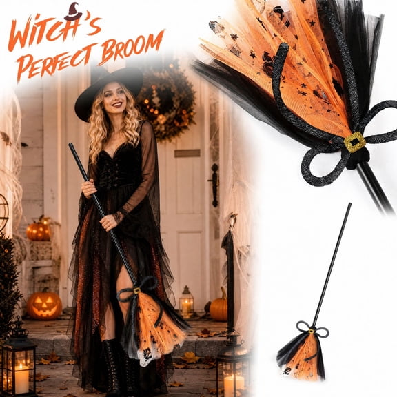 Halloween Witch Broomstick Prop, Decorative Broom With Gold Buckle Accent For Costume Party Photo Prop Porch Door Wall Shelf And Halloween Display
