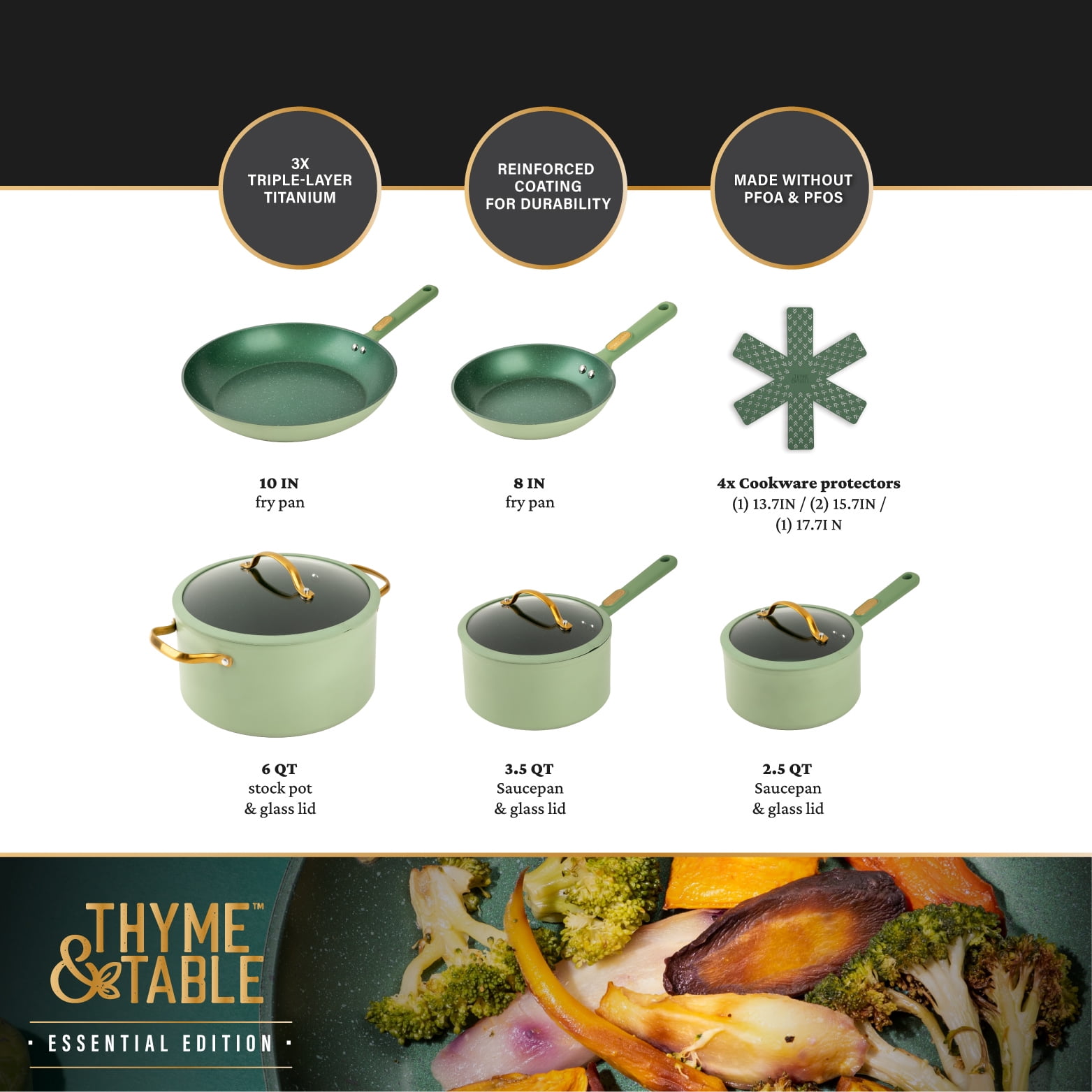 Thyme & Table 12-Piece Non-Stick Cookware Set, Pots and Pans Set - Green, Granite Collection