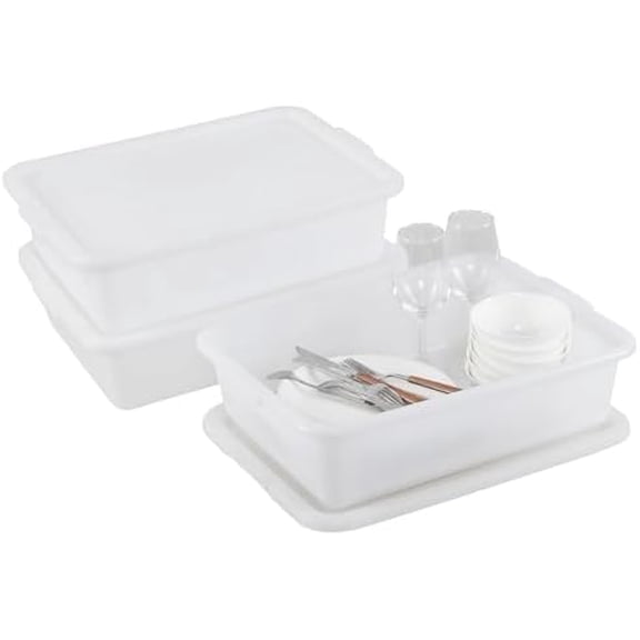 3 Pack Commercial Bus Tub with Lid, 13 L Plastic Dishpan Wash Basin Tub, White$$Storage