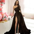 thumbnail image 4 of Quixlent Women Evening Dress One Shoulder Floor Length High Split Tight Waist A-line Sequin Slant Neck Sleeveless Cocktail Party Celebrity Ball Gown, 4 of 7
