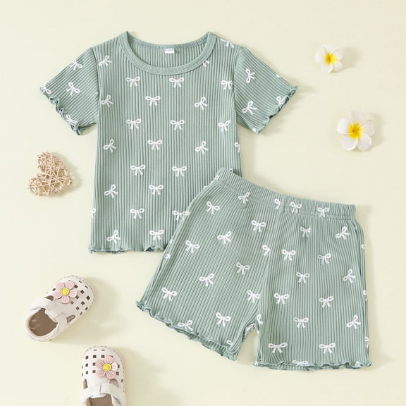 Wuxian Girls Summer Shirt Outfits Ribbed Breathable Round Neck Short Sleeved Cute Bows Ruffles Trim Top With Elastic Waist Shorts Comfortable Fashionable Cozy Dailywear,Green,12-18 Months