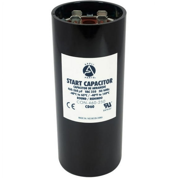 Appli Parts motor start capacitor 460-560 Mfd (microfarads) uF 250 VAC universal fit for electric motor applications 1-3/4 in Diameter 4-3/8 in Height CON-460-250