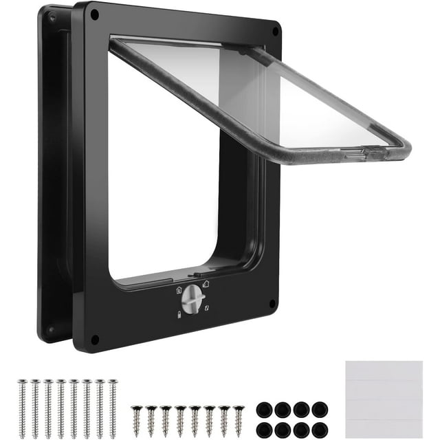 Puerta para gatos magnética negra para interiores, puerta para gatos de 27 x 23,5 x 5,5 cm, puerta para gatos con 4 vías de acceso