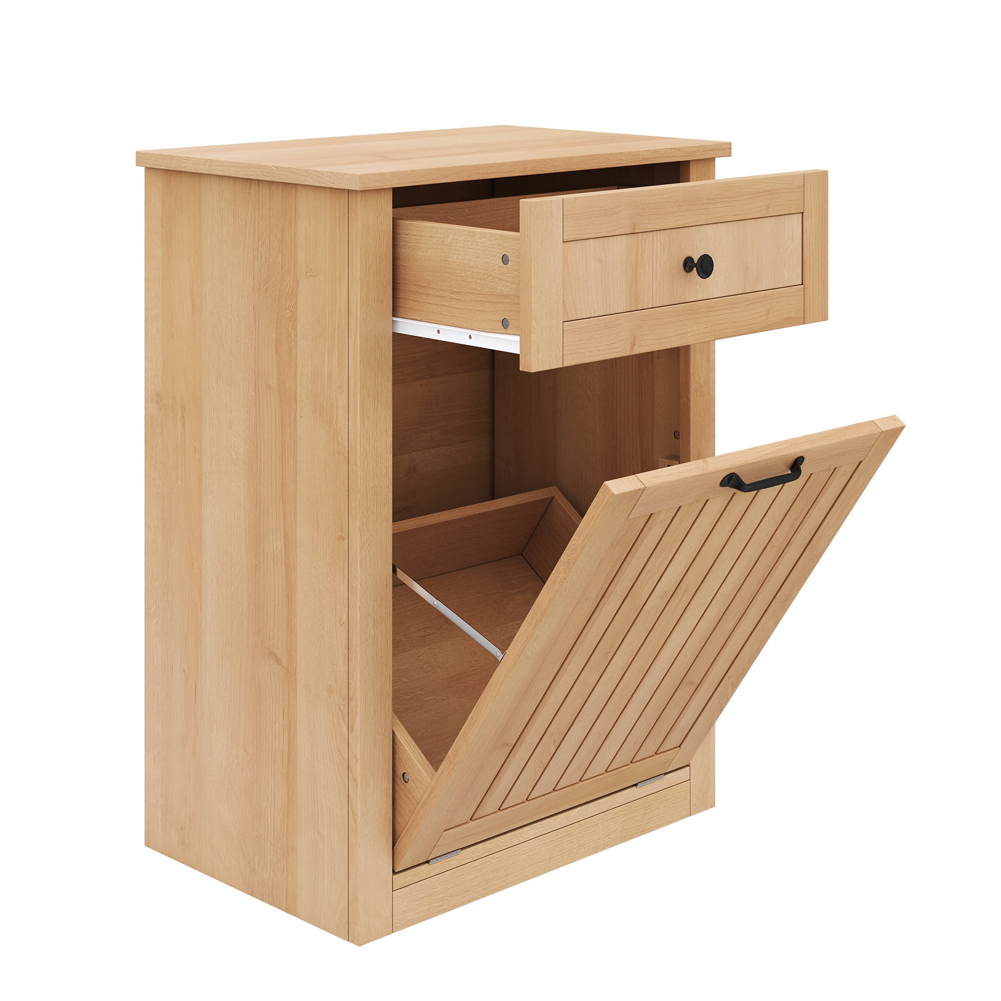 Tilt-Out Trash Can Cabinet, 10 Gallon Fluted Laundry Hamper Cabinet with Drawers, Wooden Hidden Garbage Can Cabinet w/Storage Basket, Free Standing for Kitchen & Living Room,Natural Oak