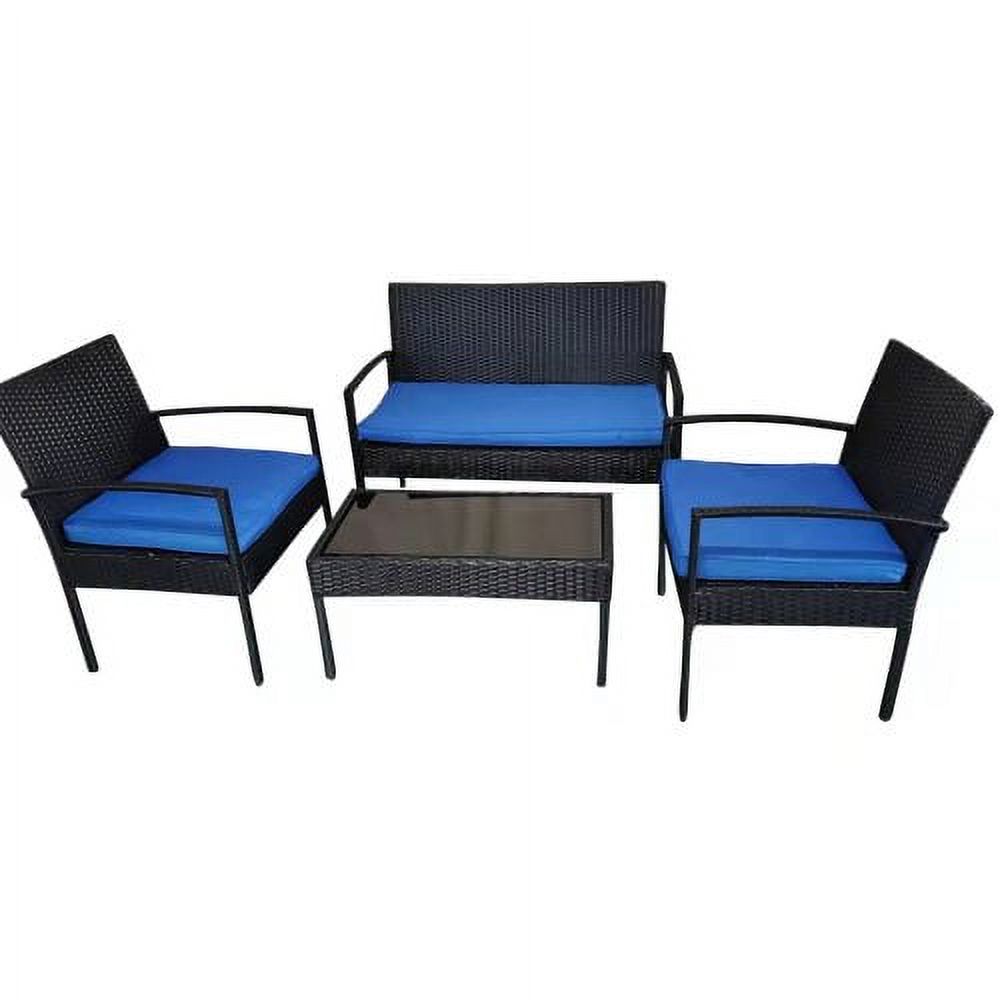 4 Piece Patio Porch Furniture Set, Outdoor Rattan Patio Furniture Sets, Patio Conversation Sets, Porch Deck Furniture, Wicker Patio Chairs and Table, Blue - image 2 of 6