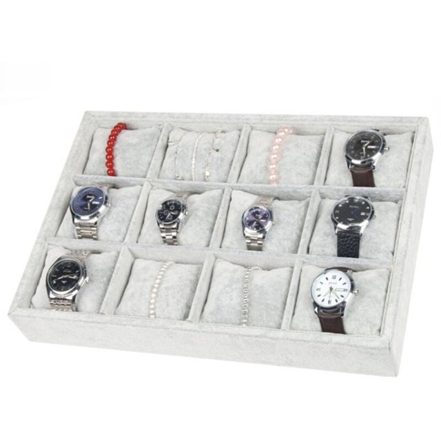Bandeja para joyas, caja de almacenamiento para joyas, soporte para relojes, collares, anillos, pendientes, organizador de exhibición de colgantes, serie gris