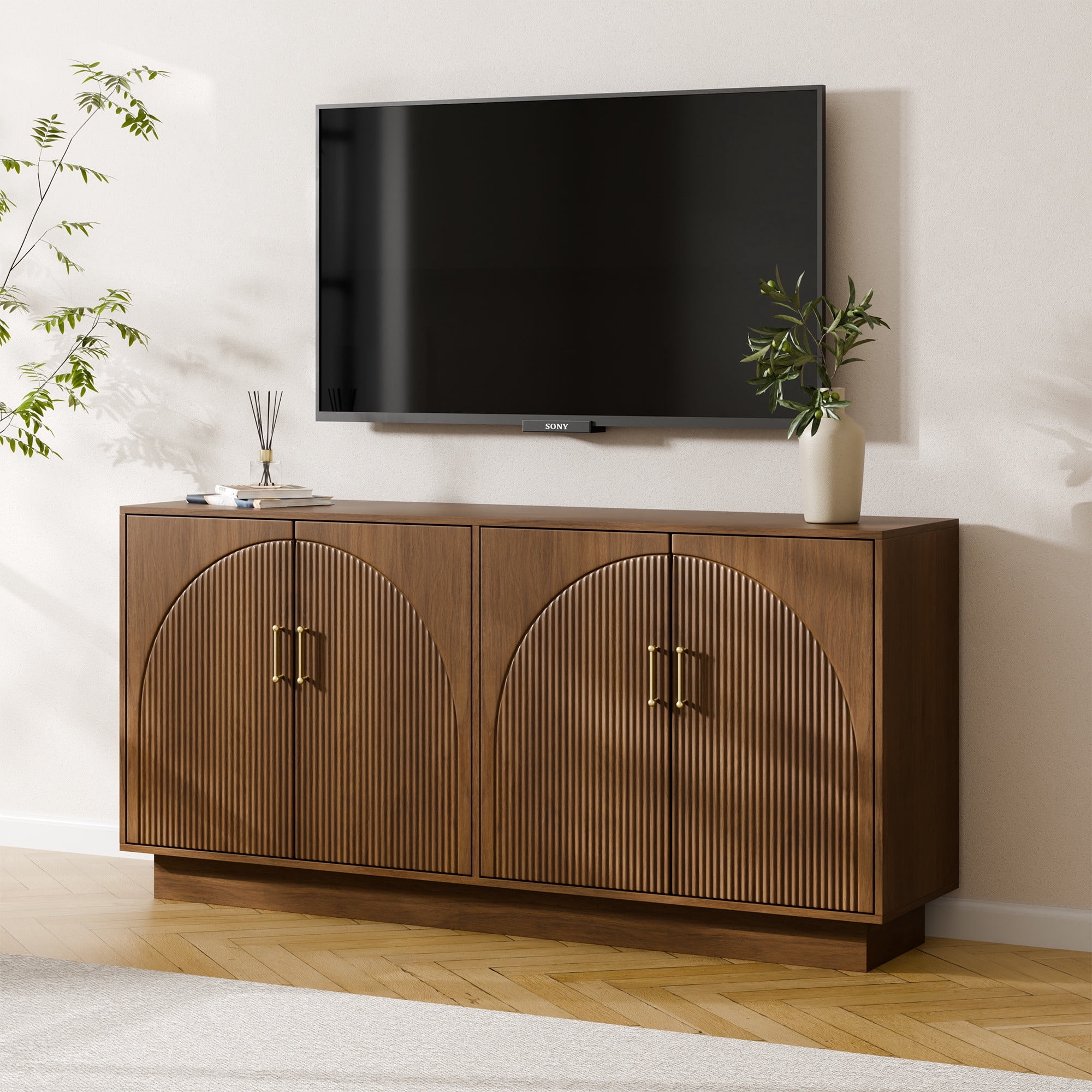 Mid-Century Fluted TV Stand with Storage Fits TVs up to 75", Entryway Console, Sideboard, Walnut Brown