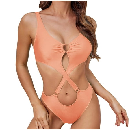 TrendVibe365 Cute Swimsuits for Women Pink One Piece Bathing Suits Thong Built in Bra Solid Swimwear Beachwear M