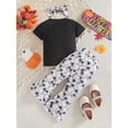 thumbnail image 3 of Wassery Toddler Baby Girls Halloween Outfits Set Long Sleeve Letters Print Sweatshirt Ghost Print Flare Pants 6M 12M 18M 2T 3T 4T Kids 2Pcs Fall Winter Halloween Clothes, 3 of 9