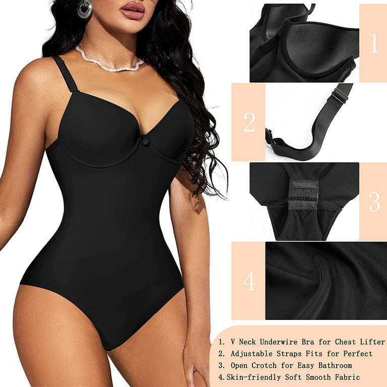 Nebility Smooth Shapewear Bodysuit Waist Trainer for Women Tummy Control Seamless  Body Shaper with Built In Bra Jumpsuit Tops(Black,M) 