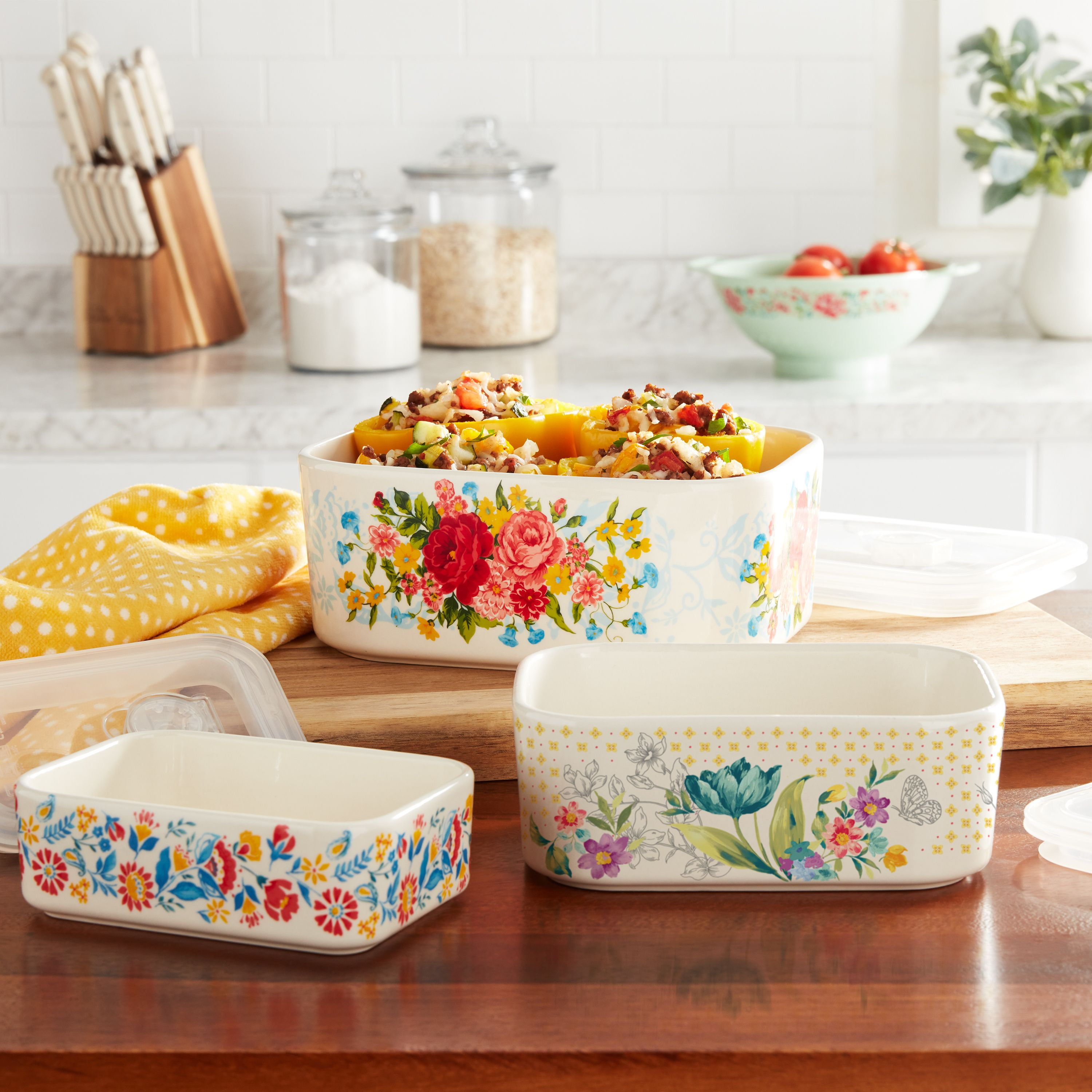 The Pioneer Woman Sweet Rose Rectangle Ceramic Nesting Bowl Set, 6