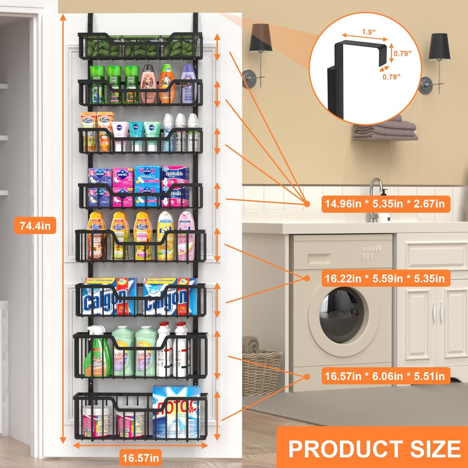 Over The Door Pantry Organizer, 8-Tier Shelves with Adjustable Baskets | Metal Spice Rack for Kitchen, Pantry, Cabinet