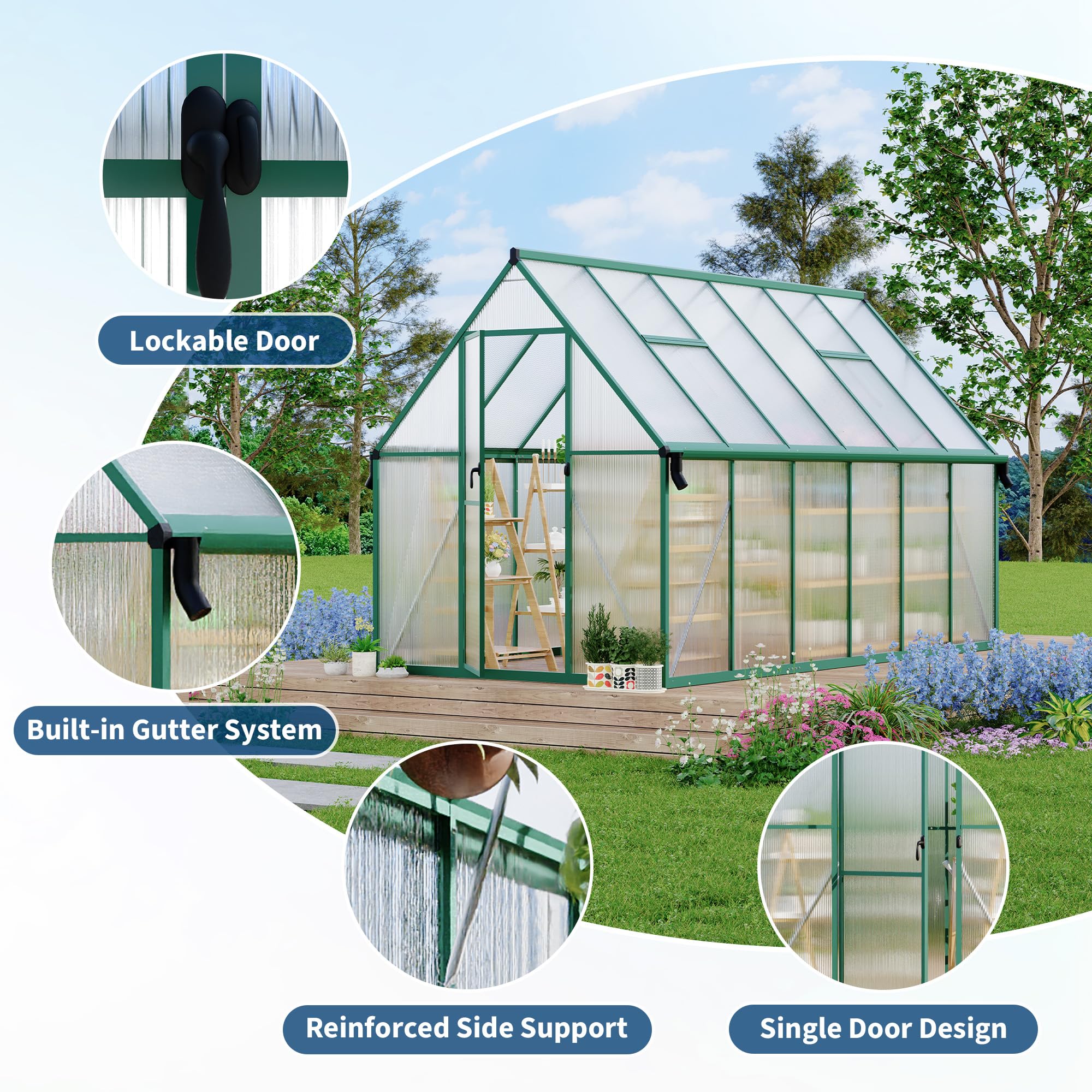 8 ft x 14 ft Aluminum PC Board Sun Room Outdoor Garden Greenhouse, Polycarbonate Board, Aluminum Frame, Weather Resistant Sunroom Enclosure, Green