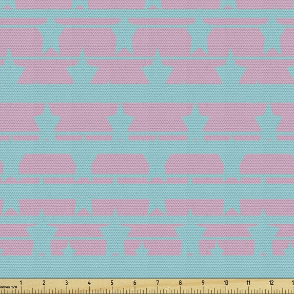 Fourth of July Sofa Upholstery Fabric by the Yard, Horizontally Designed Streaks Star Forms in Retro Pastel Tones, Decorative Fabric for DIY & Home Accents, 1 Yard, Pale Pink Turquoise by Ambesonne