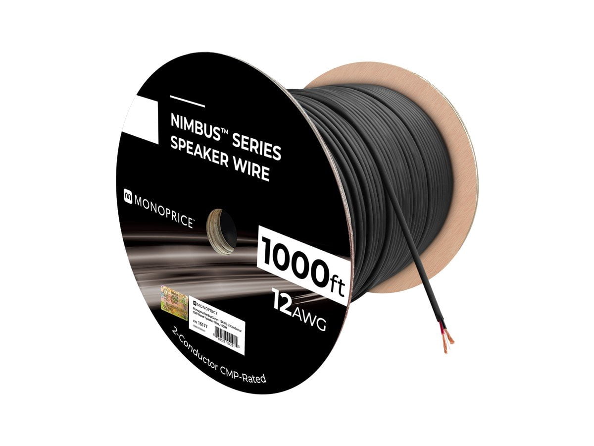 Monoprice Speaker Wire, CMP Rated, 2-Conductor, 12AWG, 1000ft, Black