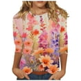 thumbnail image 2 of Nrmvnmi Womens 3/4 Length Sleeve Cotton Tops Casual Floral Print Round Neck Tie Dye Summer Tops Loose Fit Elastic and Lightweight Blouse For Women, 2 of 5
