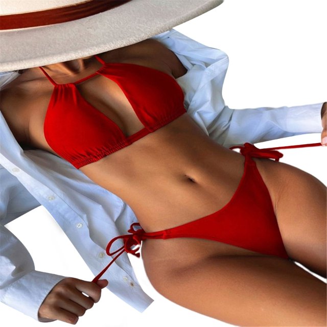 Conjunto traje baño sexy con cordones para mujer, ropa playa con tanga, trajes baño con tiras sólidas